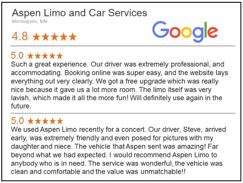 Google 5-Star Customer Reviews Brooklyn Park Minneapolis MN Limo and Car Services Minnesota