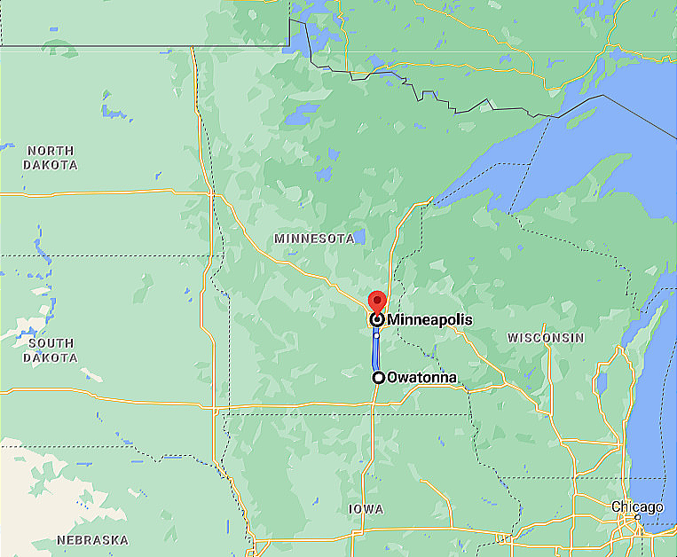 Google Map Owatonna MN Minnesota to Minneapolis MN