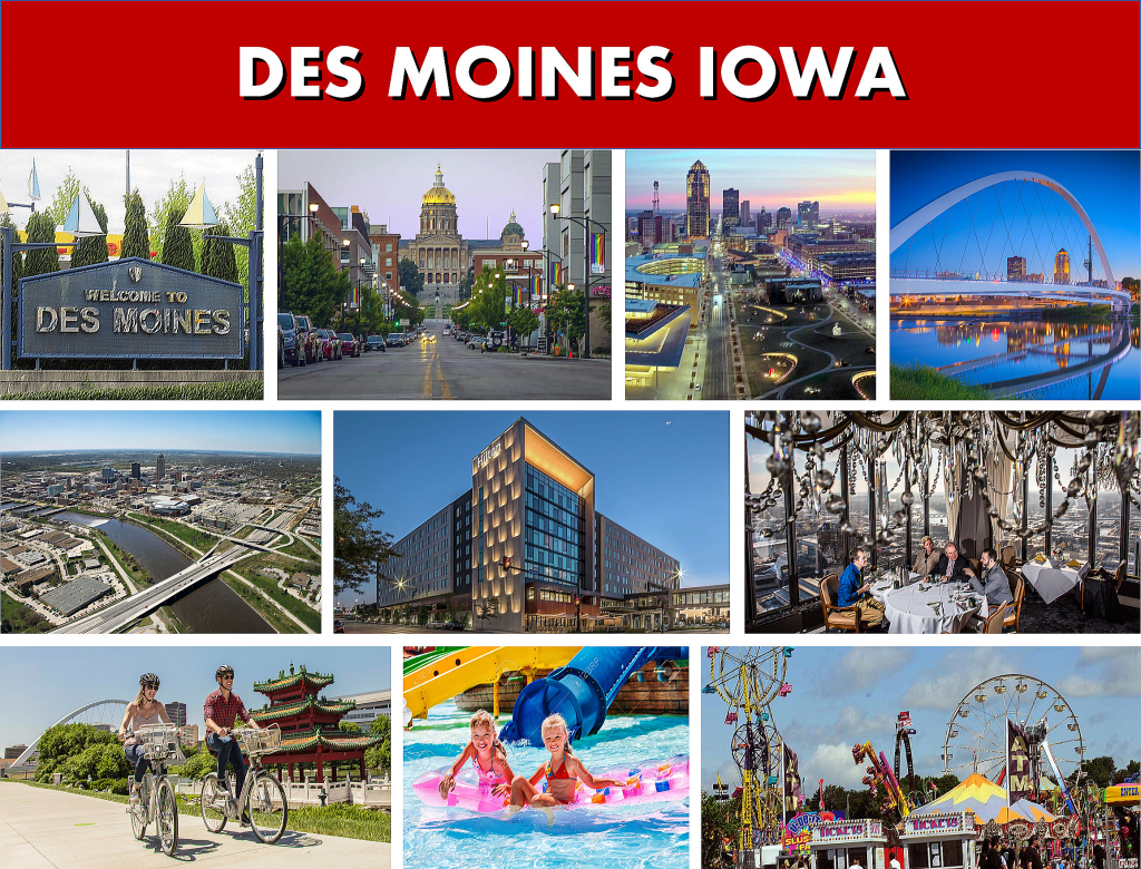Des Moines IA City Photo Montage - Website Page Banner - Transportation Services Between Des Moines IA and Minneapolis
