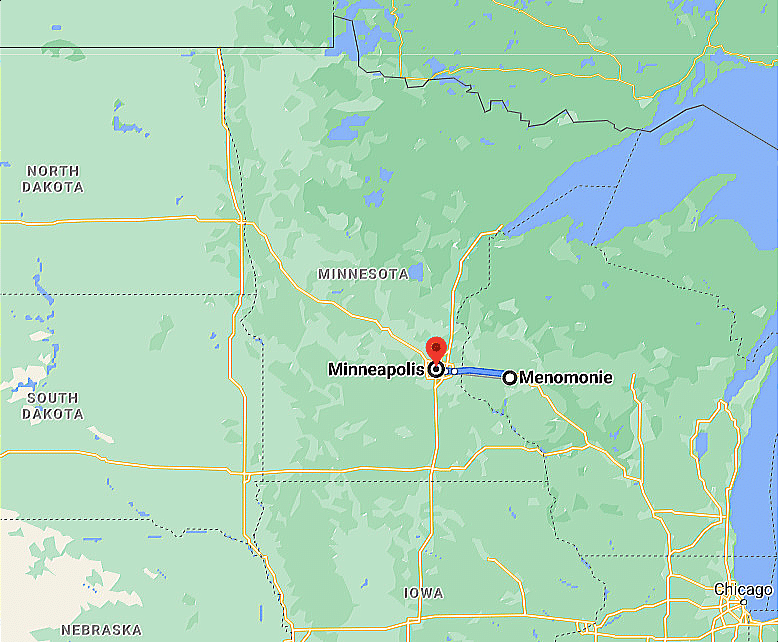 Map - Ground Transportation between Minneapolis MN and Menomonie WI -Wisconsin - Google Map Photo Image